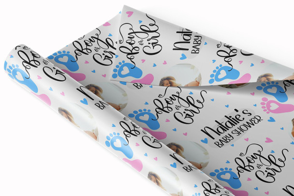 Personalised Wrapping Paper Baby Shower Gender Reveal Feet Boy Or Girl Photo