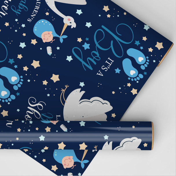 Personalised Wrapping Paper Baby Shower Gender Reveal It's A Boy Blue Stork Baby