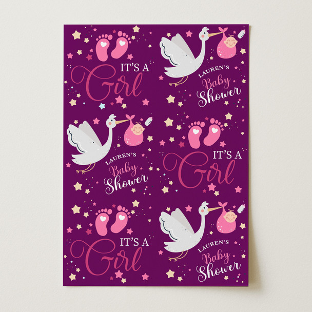 Personalised Wrapping Paper Baby Shower Gender Reveal It's A Girl Pink Stork