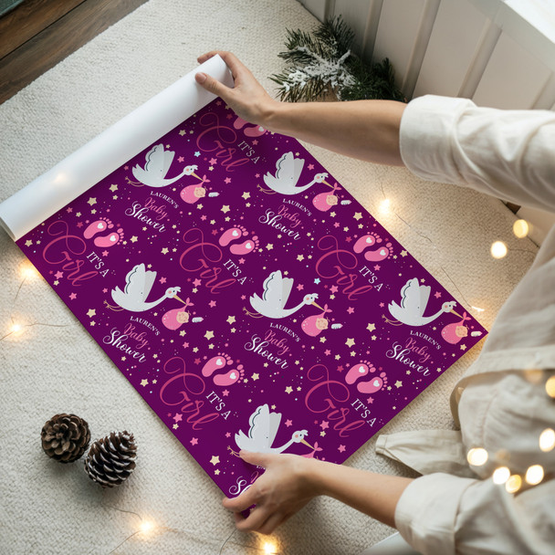 Personalised Wrapping Paper Baby Shower Gender Reveal It's A Girl Pink Stork