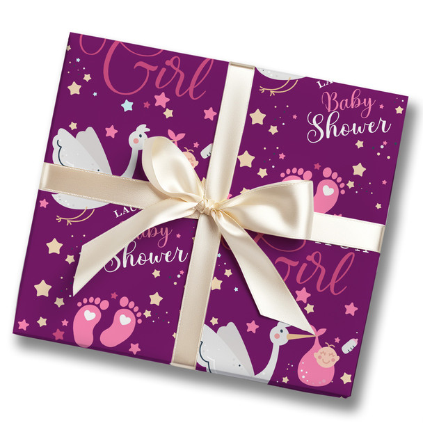 Personalised Wrapping Paper Baby Shower Gender Reveal It's A Girl Pink Stork