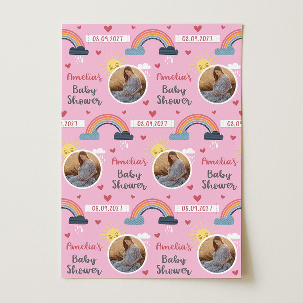 Personalised Wrapping Paper Baby Shower Photo Pink Rainbow Sunshine Gift Wrap
