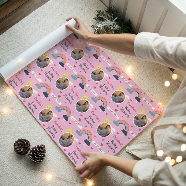 Personalised Wrapping Paper Baby Shower Photo Pink Rainbow Sunshine Gift Wrap