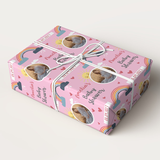 Personalised Wrapping Paper Baby Shower Photo Pink Rainbow Sunshine Gift Wrap