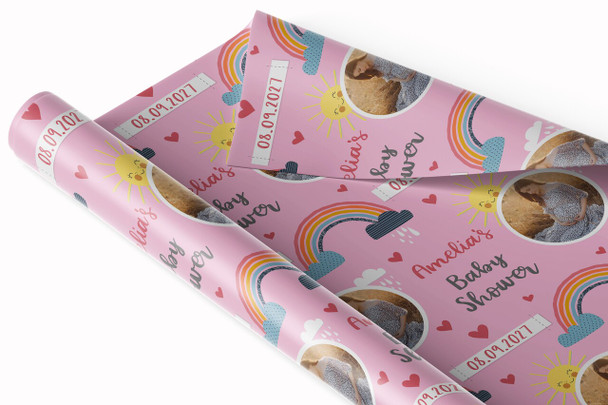 Personalised Wrapping Paper Baby Shower Photo Pink Rainbow Sunshine Gift Wrap