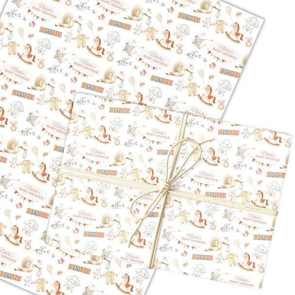 Personalised Wrapping Paper Baby Shower Stork Custom Gift Wrap