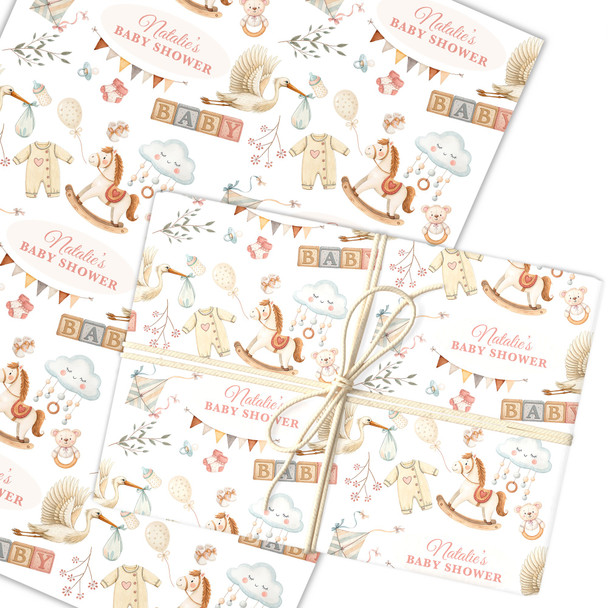 Personalised Wrapping Paper Baby Shower Watercolour Stork Custom Gift Wrap