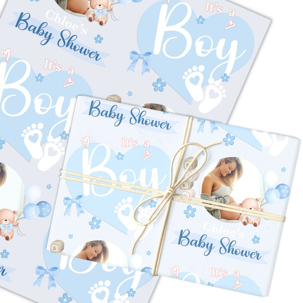 Personalised Wrapping Paper Baby Shower Blue Boy Gender Reveal Custom Gift Wrap