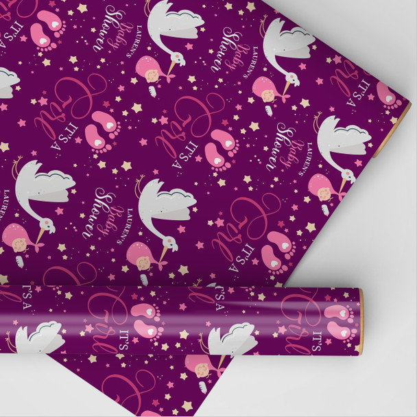 Personalised Wrapping Paper Baby Shower It's A Girl Pink Stork Gender Reveal