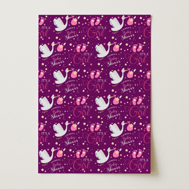 Personalised Wrapping Paper Baby Shower It's A Girl Pink Stork Gender Reveal