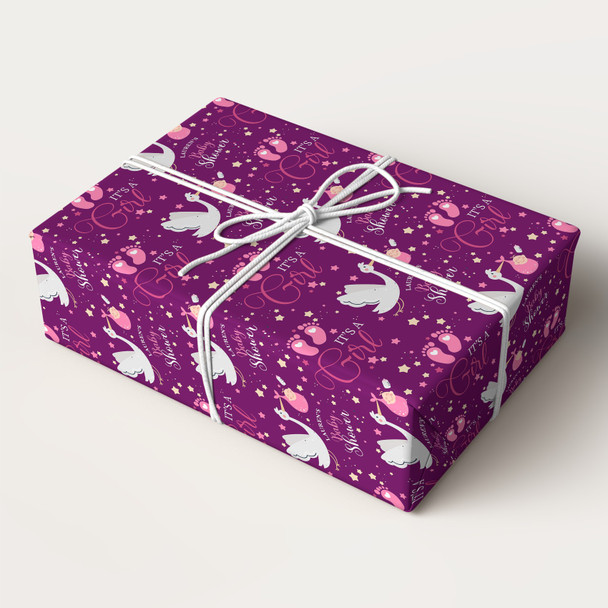 Personalised Wrapping Paper Baby Shower It's A Girl Pink Stork Gender Reveal