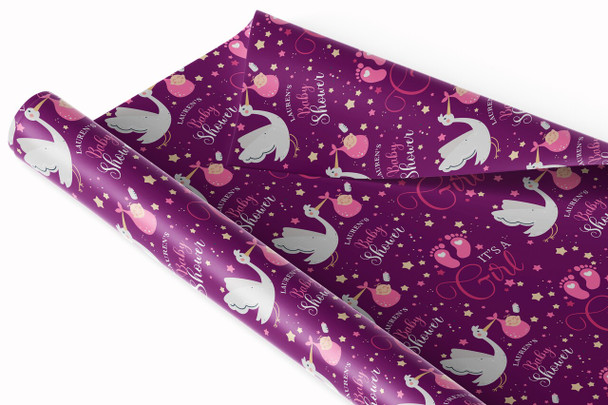 Personalised Wrapping Paper Baby Shower It's A Girl Pink Stork Gender Reveal