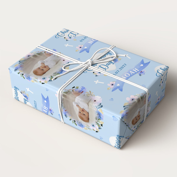 Personalised Wrapping Paper Christening Day Boy Photo Blue Flowers Gift Wrap
