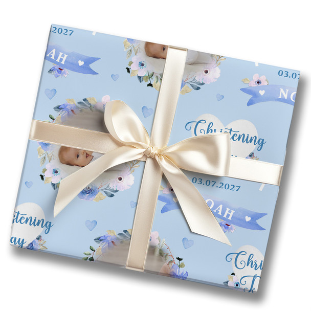 Personalised Wrapping Paper Christening Day Boy Photo Blue Flowers Gift Wrap