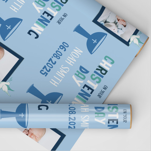 Personalised Wrapping Paper Christening Day Boy Photo Font Blue Custom Gift Wrap