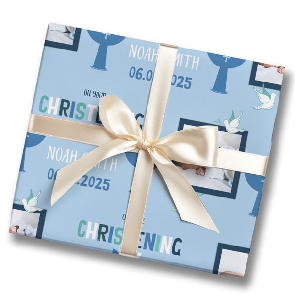 Personalised Wrapping Paper Christening Day Boy Photo Font Blue Custom Gift Wrap