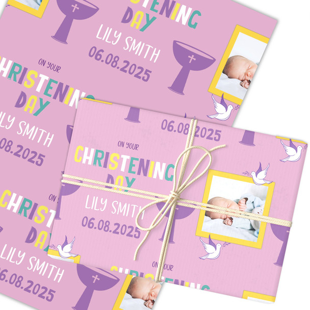 Personalised Wrapping Paper Christening Day Girl Photo Font Pink Gift Wrap