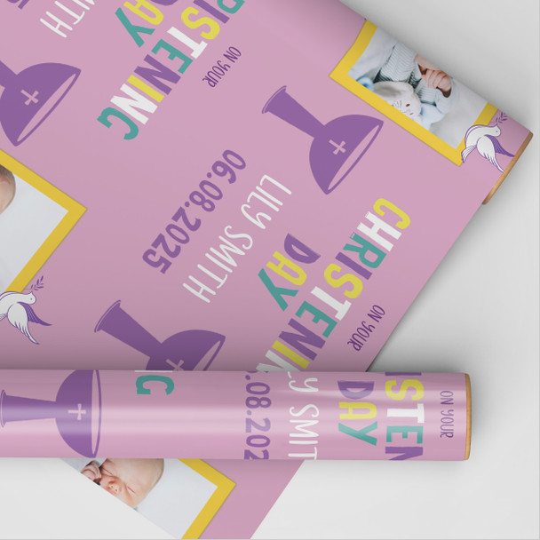 Personalised Wrapping Paper Christening Day Girl Photo Font Pink Gift Wrap