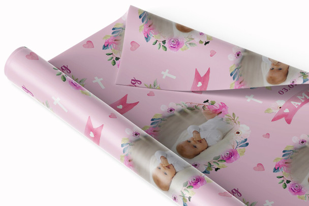 Personalised Wrapping Paper Christening Day Girl Photo Pink Flowers Gift Wrap