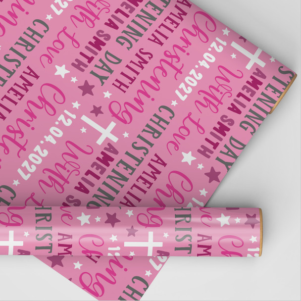 Personalised Wrapping Paper Christening Day Girl Pink Grey Stars Gift Wrap