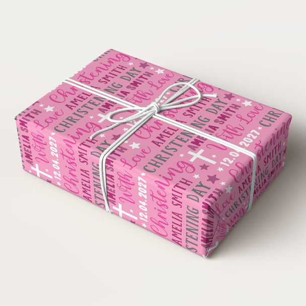 Personalised Wrapping Paper Christening Day Girl Pink Grey Stars Gift Wrap