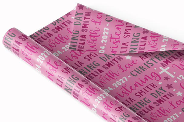 Personalised Wrapping Paper Christening Day Girl Pink Grey Stars Gift Wrap