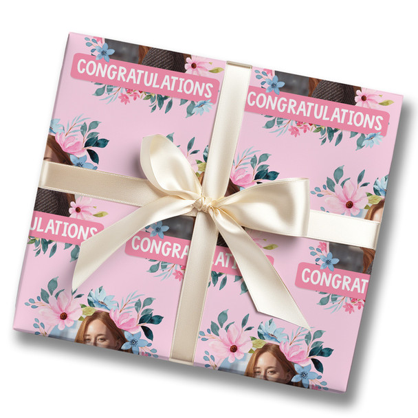Personalised Wrapping Paper Congratulations Female Photo Pink Flowers Gift Wrap