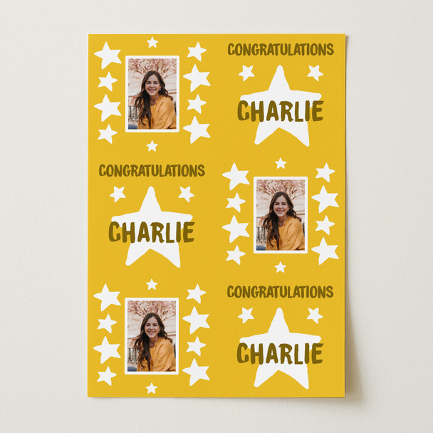 Personalised Wrapping Paper Congratulations Photo Yellow Stars Custom Gift Wrap