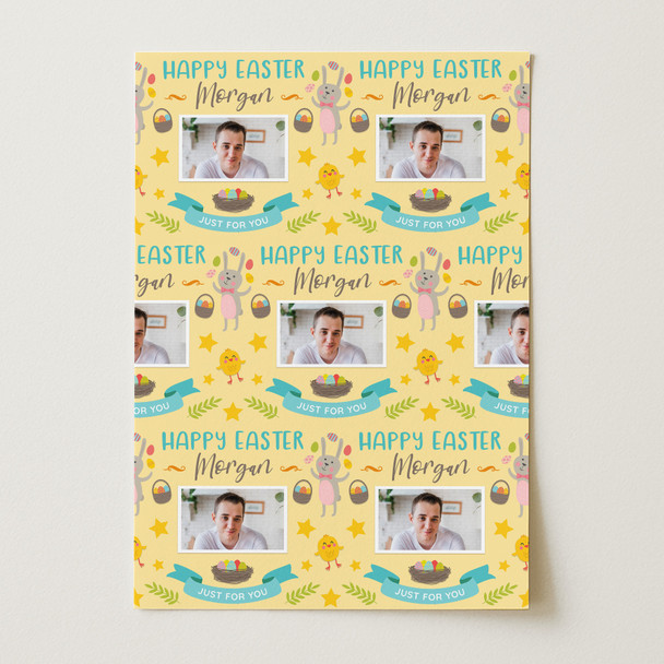 Personalised Wrapping Paper Easter Photo Bunny Chick Star Yellow Gift Wrap