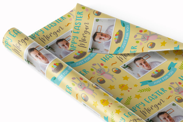 Personalised Wrapping Paper Easter Photo Bunny Chick Star Yellow Gift Wrap