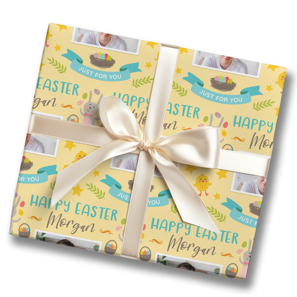 Personalised Wrapping Paper Easter Photo Bunny Chick Star Yellow Gift Wrap