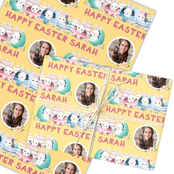 Personalised Wrapping Paper Easter Photo Bunny Eggs Yellow Custom Gift Wrap