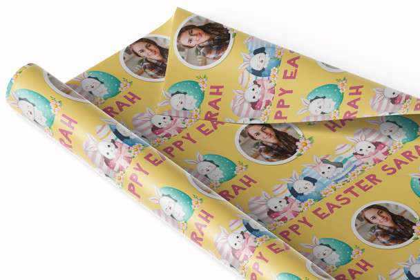 Personalised Wrapping Paper Easter Photo Bunny Eggs Yellow Custom Gift Wrap