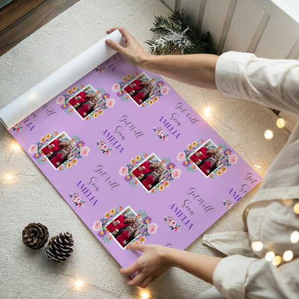 Personalised Wrapping Paper Get Well Soon Female Photo Flower Purple Gift Wrap