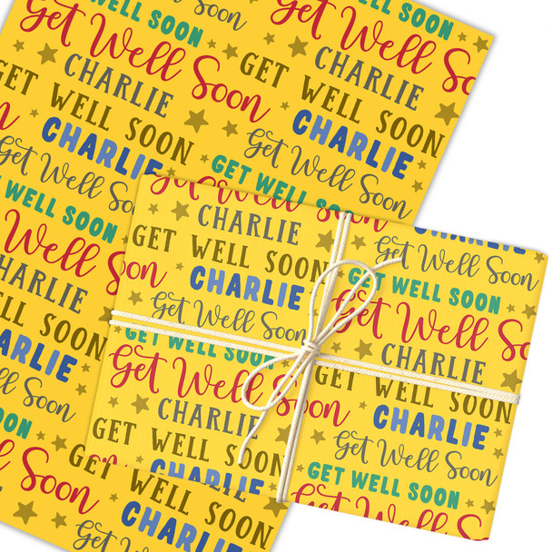 Personalised Wrapping Paper Get Well Soon Yellow Stars Custom Gift Wrap
