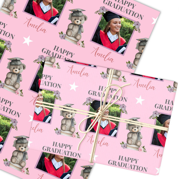 Personalised Wrapping Paper Graduation Female Photo Bear Pink Hat Gift Wrap