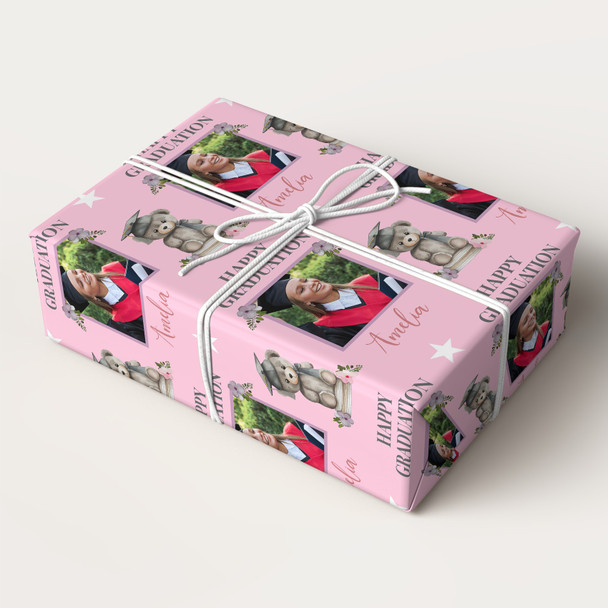 Personalised Wrapping Paper Graduation Female Photo Bear Pink Hat Gift Wrap