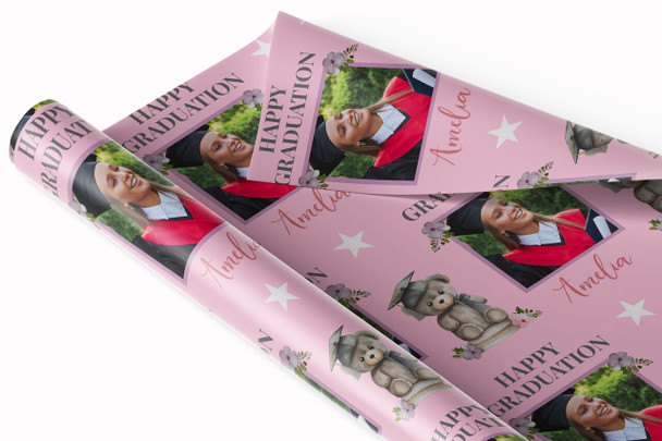 Personalised Wrapping Paper Graduation Female Photo Bear Pink Hat Gift Wrap
