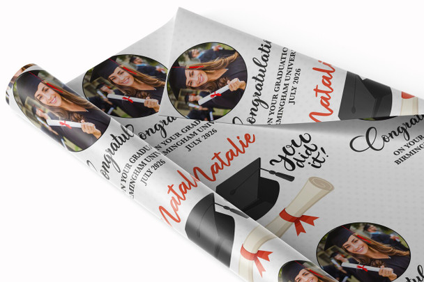 Personalised Wrapping Paper Graduation You Did It Graduation Hat Round Photo