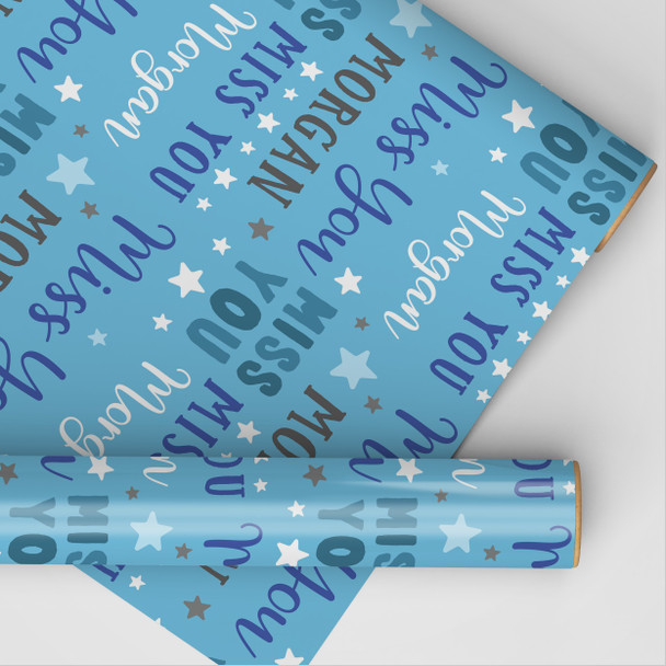 Personalised Wrapping Paper Miss You Blue Stars Custom Gift Wrap