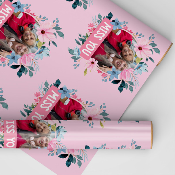Personalised Wrapping Paper Miss You Female Photo Pink Flowers Custom Gift Wrap