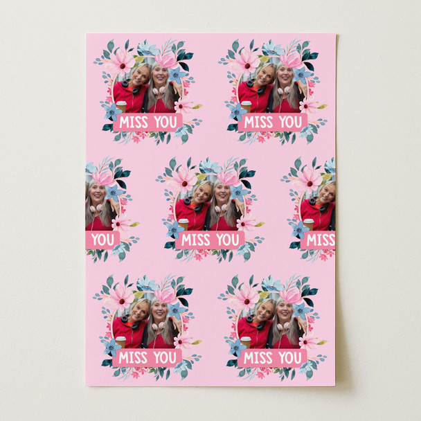 Personalised Wrapping Paper Miss You Female Photo Pink Flowers Custom Gift Wrap