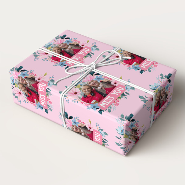 Personalised Wrapping Paper Miss You Female Photo Pink Flowers Custom Gift Wrap
