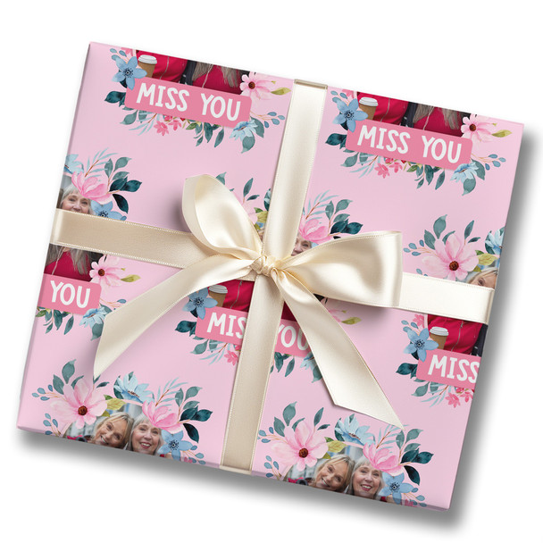 Personalised Wrapping Paper Miss You Female Photo Pink Flowers Custom Gift Wrap