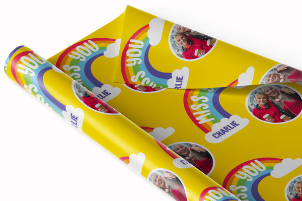 Personalised Wrapping Paper Miss You Photo Rainbow Yellow Custom Gift Wrap