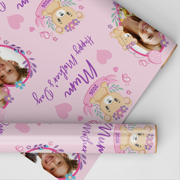 Personalised Wrapping Paper Mother's Day Mum Photo Bear Pink Hearts Gift Wrap
