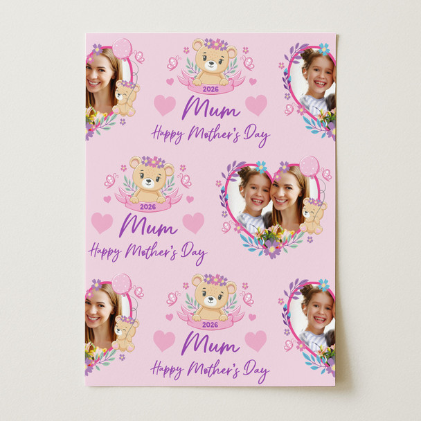 Personalised Wrapping Paper Mother's Day Mum Photo Bear Pink Hearts Gift Wrap