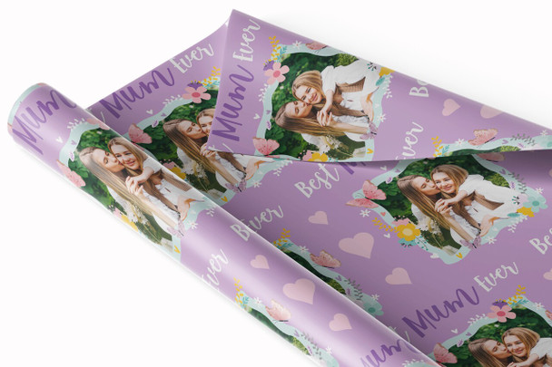Personalised Wrapping Paper Mother's Day Photo Best Mum Ever Purple Butterfly