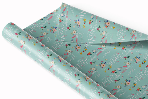 Personalised Wrapping Paper Mother's Day Mummy Floral Mint Green Gift Wrap