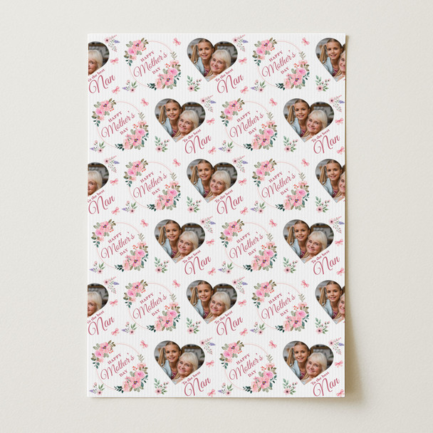 Personalised Wrapping Paper Mother's Day Nan Pink Floral Heart Photo Gift Wrap